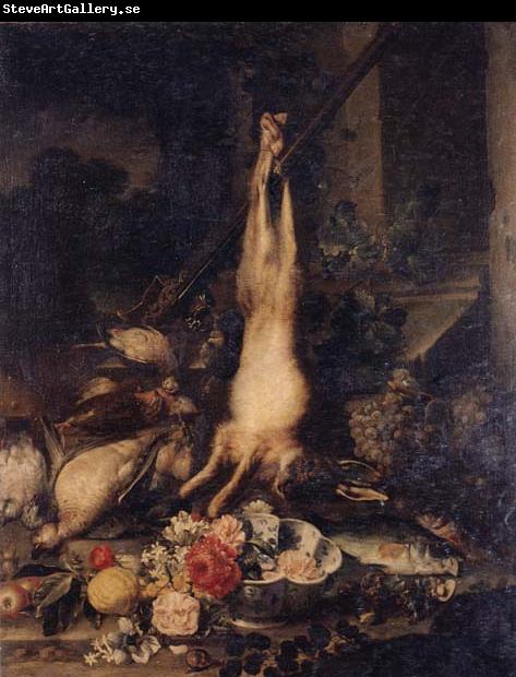 unknow artist Still life of a hare,fish,fruit and flowers by a stone pillar,a landscape beyond